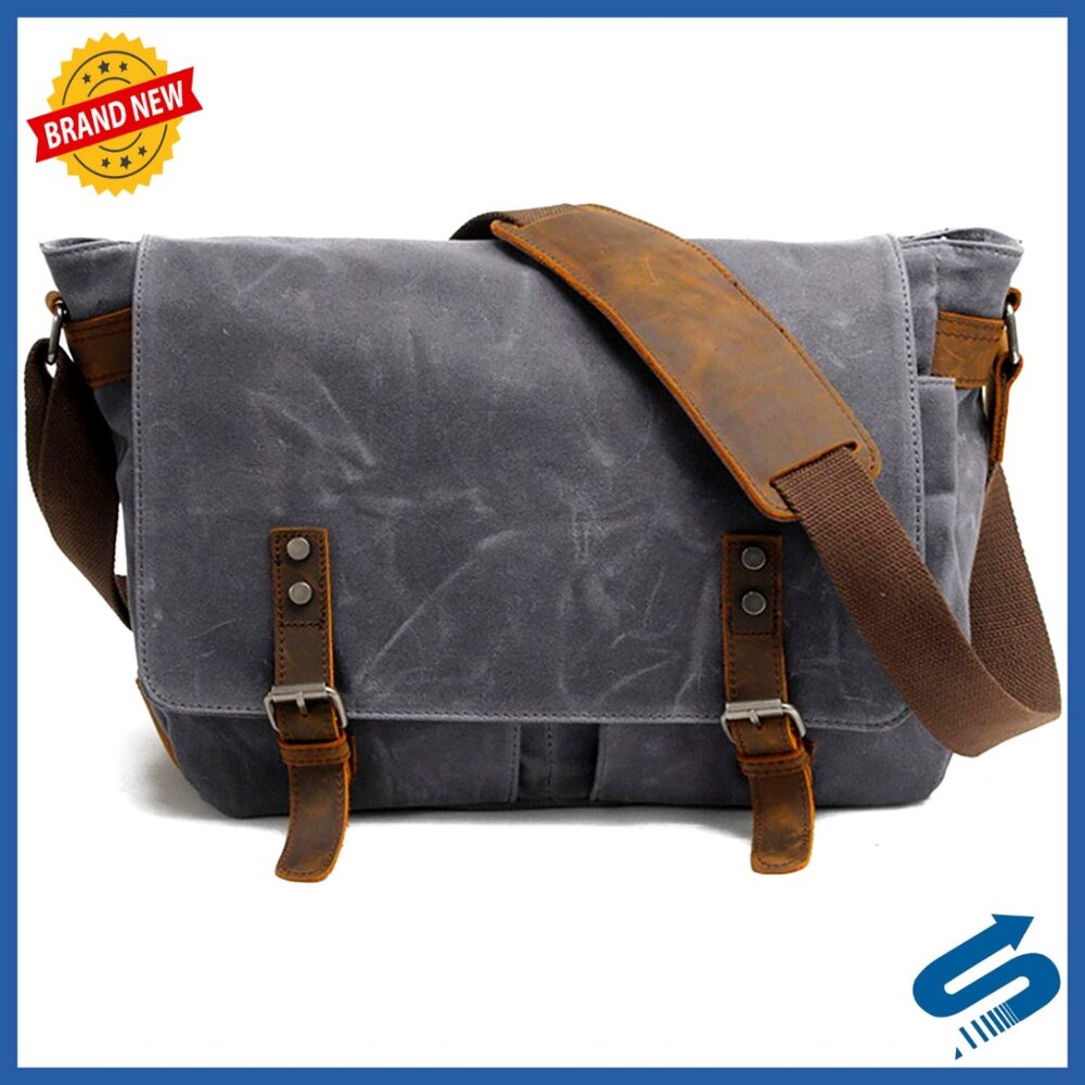 Vintage Leather Waxed Canvas Messenger Bag Rugged Briefcase Satchel Laptop
